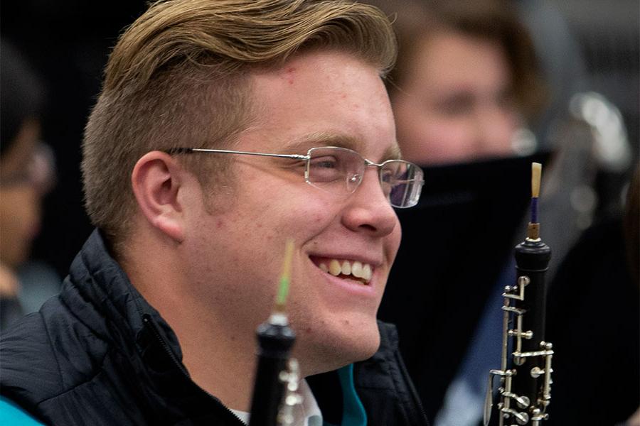 Music major and Richard G. Gaarder Award Winner, Ryan Schultz sits in the oboe section in the 欧洲杯投注 Music Department.