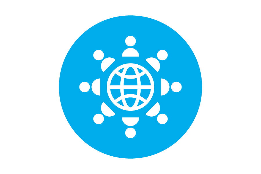 Icon of people connecting on a blue background.