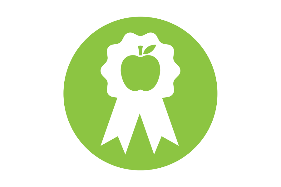 Icon of an apple with a badge.