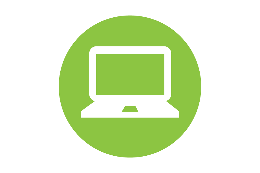 White graphic of a computer on a green background.