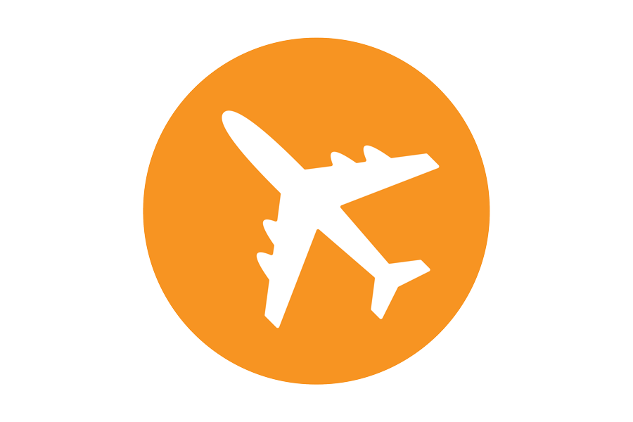 White graphic of a plane on an orange background. 