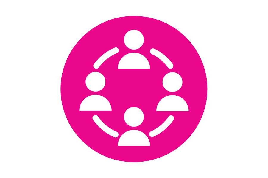 一个粉红色的圆形圆圈，上面有四个白色的人物图标，用圆线连接起来