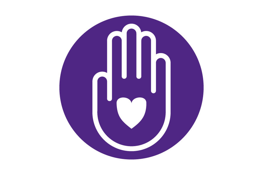 Purple icon with the outline of a hand and a heart.