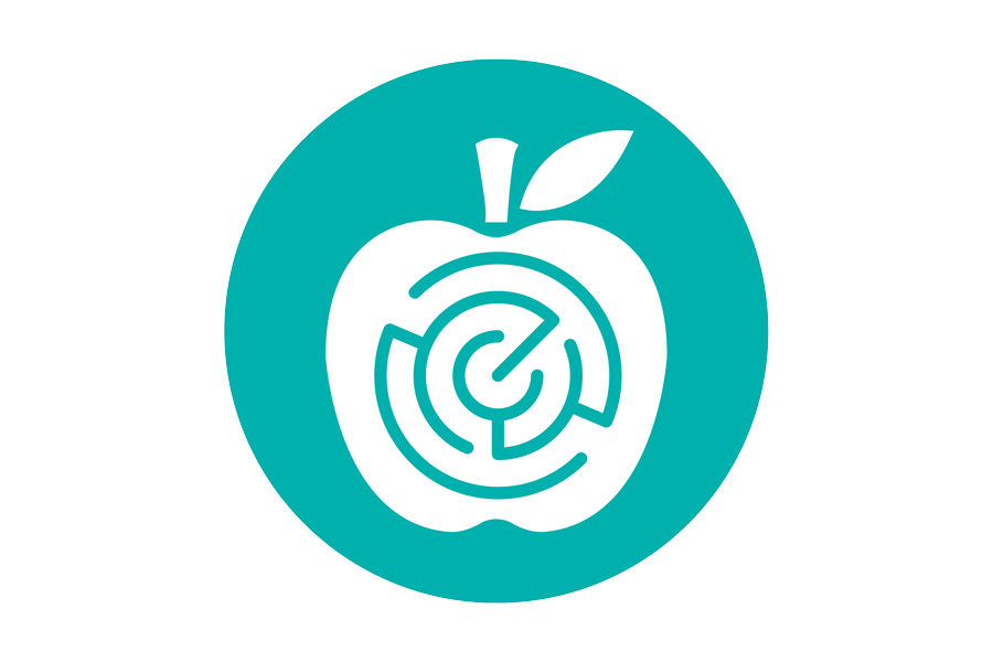 White graphic of an apple with a maze.