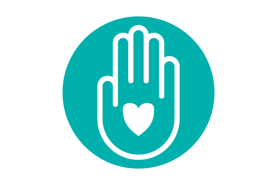 Icon of a white hand with a white heart on a green background.