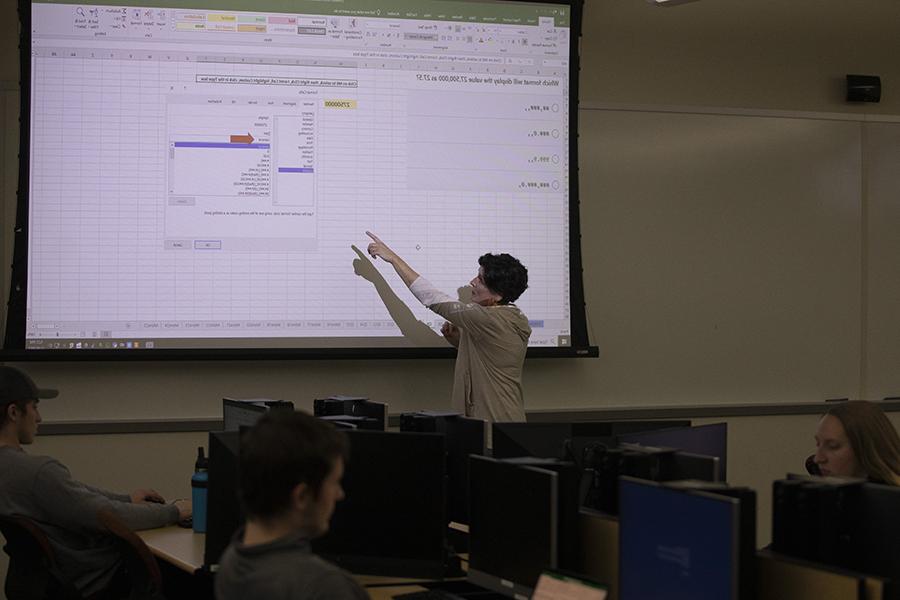 顾问琳达·阿曼(琳达阿曼)指着投影仪屏幕上显示的Excel文档.